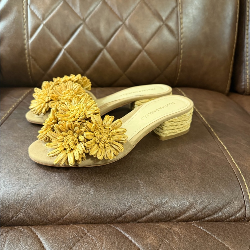 Paloma Barcelo Yellow Raffia Floral Block Heel Mules - Picture 3 of 10